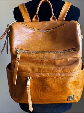 Clean Tan Faux-Leather Backpack with Zip Pockets